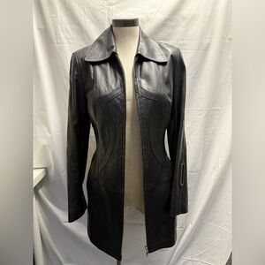 VTG Y2K Black Leather Midi Women's Zipper Coat